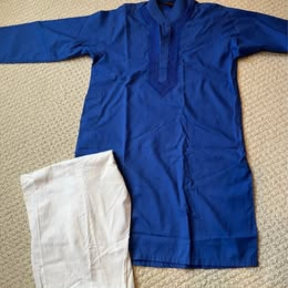 Gently used soft material Boys blue Kameez and shalwar set for 7-8 years